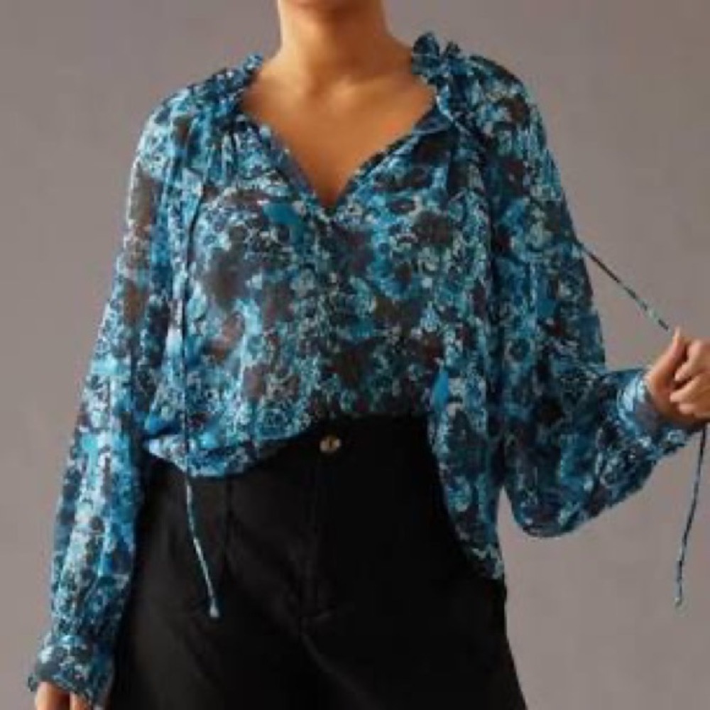 Anthropologie Sheer  Print Peasant Blouse
